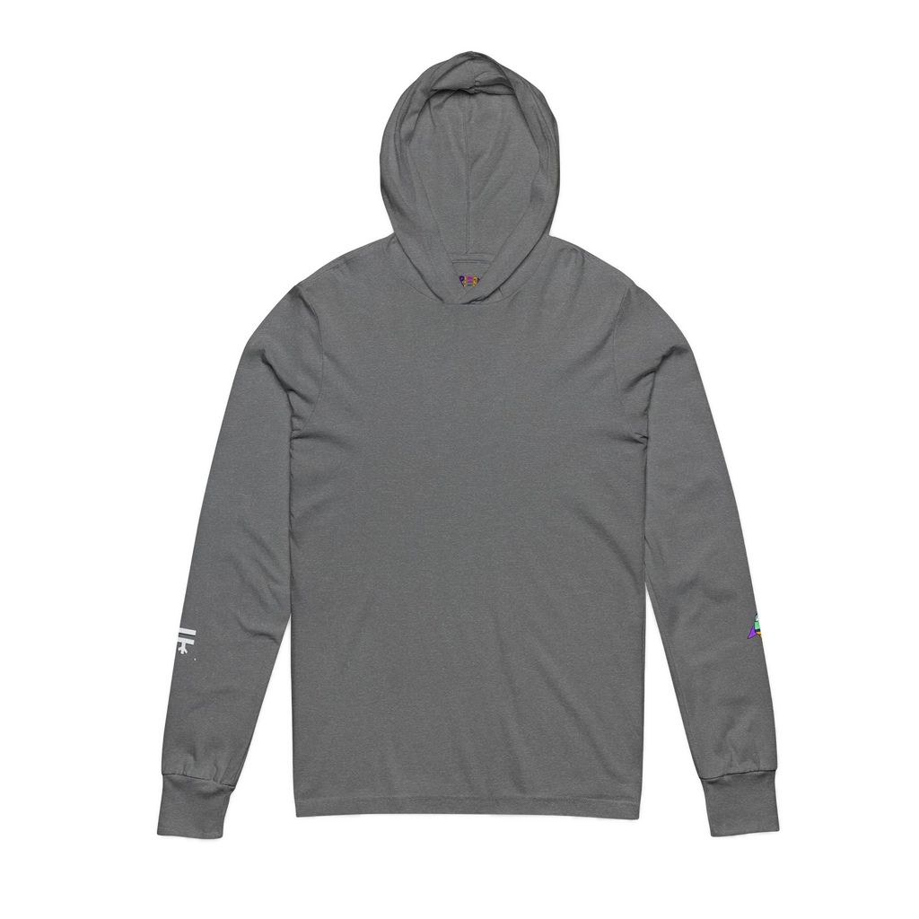 Grey hooded long sleeve tee, crossover V-neckline, space flight graphic on left sleeve, FREEBRD icon on right sleeve, front view.