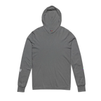 Grey hooded long sleeve tee, crossover V-neckline, space flight graphic on left sleeve, FREEBRD icon on right sleeve, front view.