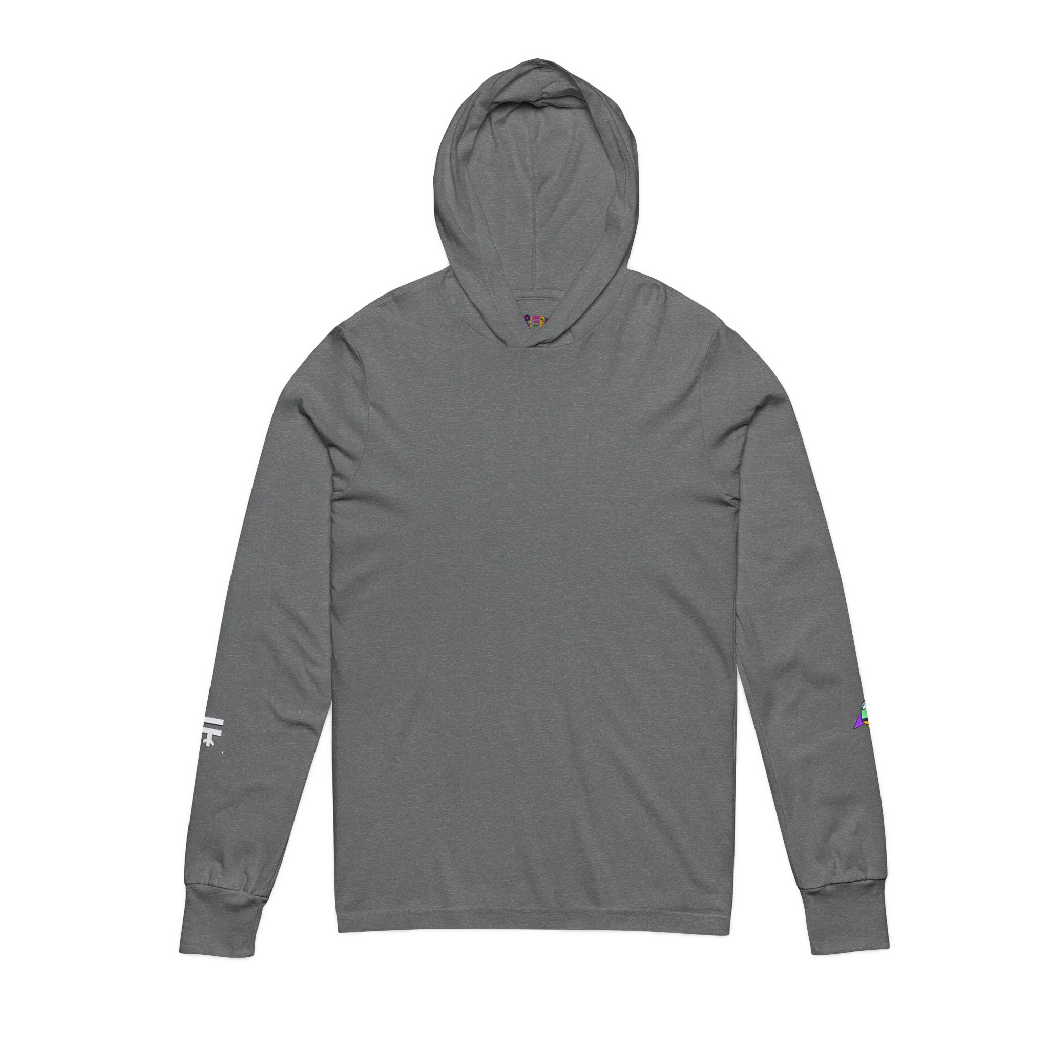 Grey hooded long sleeve tee, crossover V-neckline, space flight graphic on left sleeve, FREEBRD icon on right sleeve, front view.