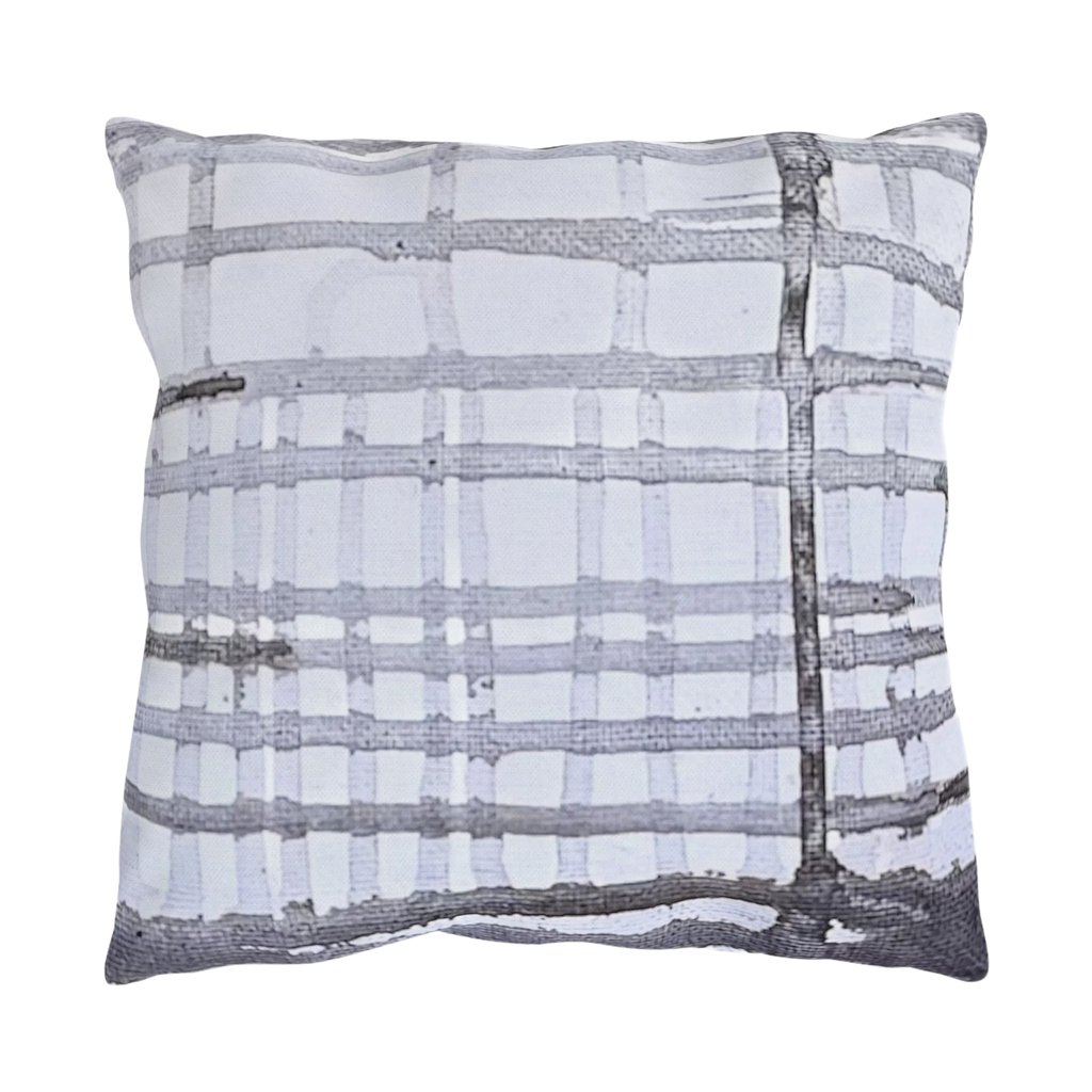 Grey watercolor plaid outdoor pillow, painted ink grid on pale ground, front view.