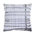 Grey watercolor plaid outdoor pillow, painted ink grid on pale ground, front view.