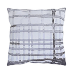 Grey watercolor plaid outdoor pillow, painted ink grid on pale ground, front view.