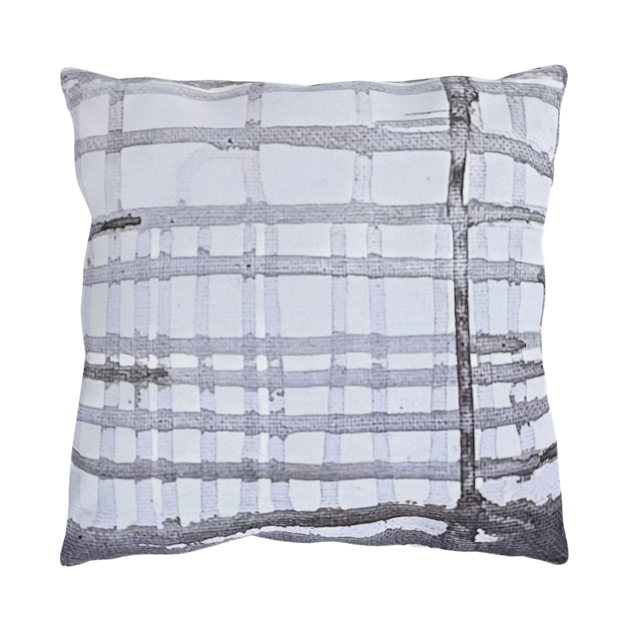 Grey watercolor plaid outdoor pillow, painted ink grid on pale ground, front view.