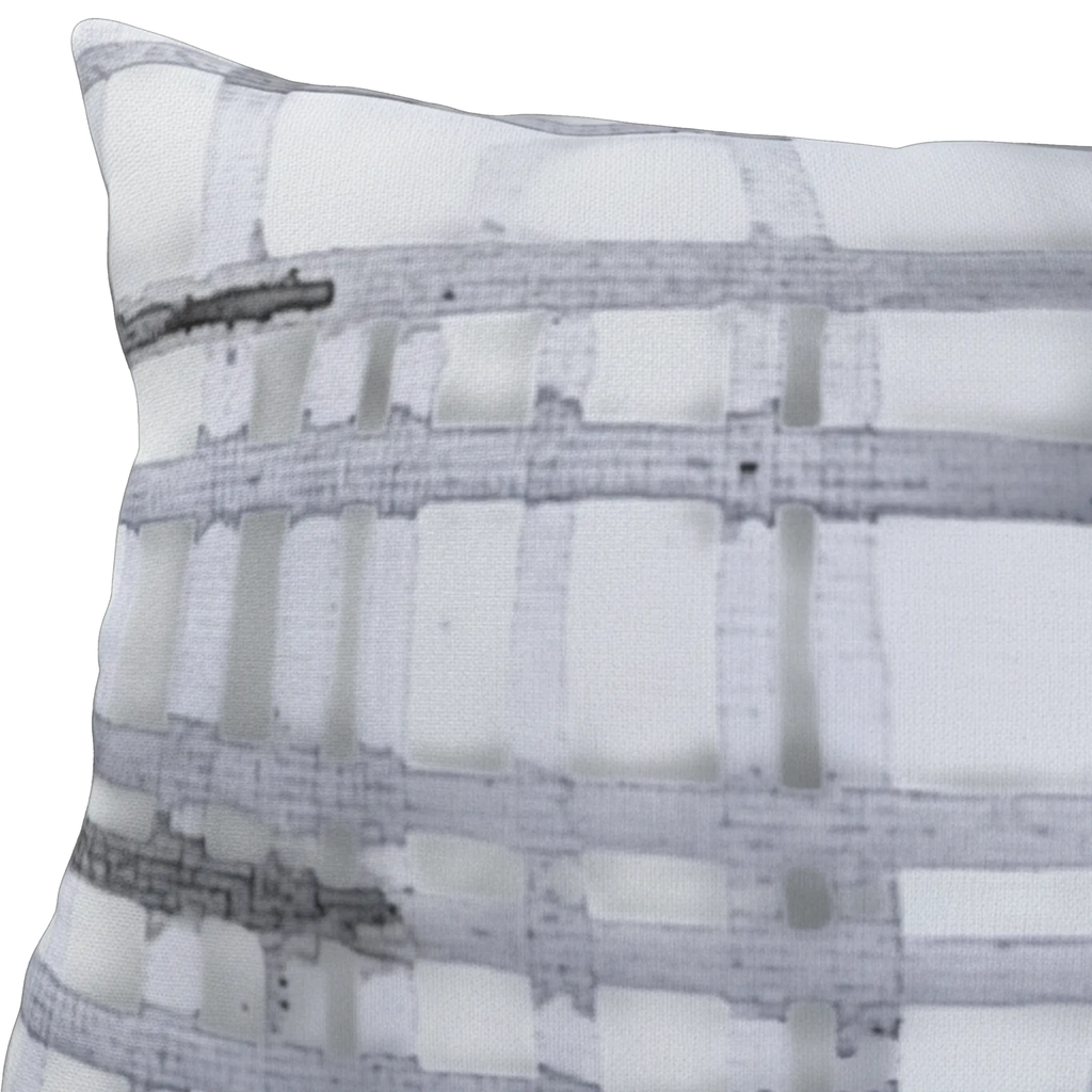 Grey watercolor plaid outdoor pillow, graphic detail, hand-drawn ink grid texture closeup.