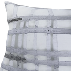 Grey watercolor plaid outdoor pillow, graphic detail, hand-drawn ink grid texture closeup.
