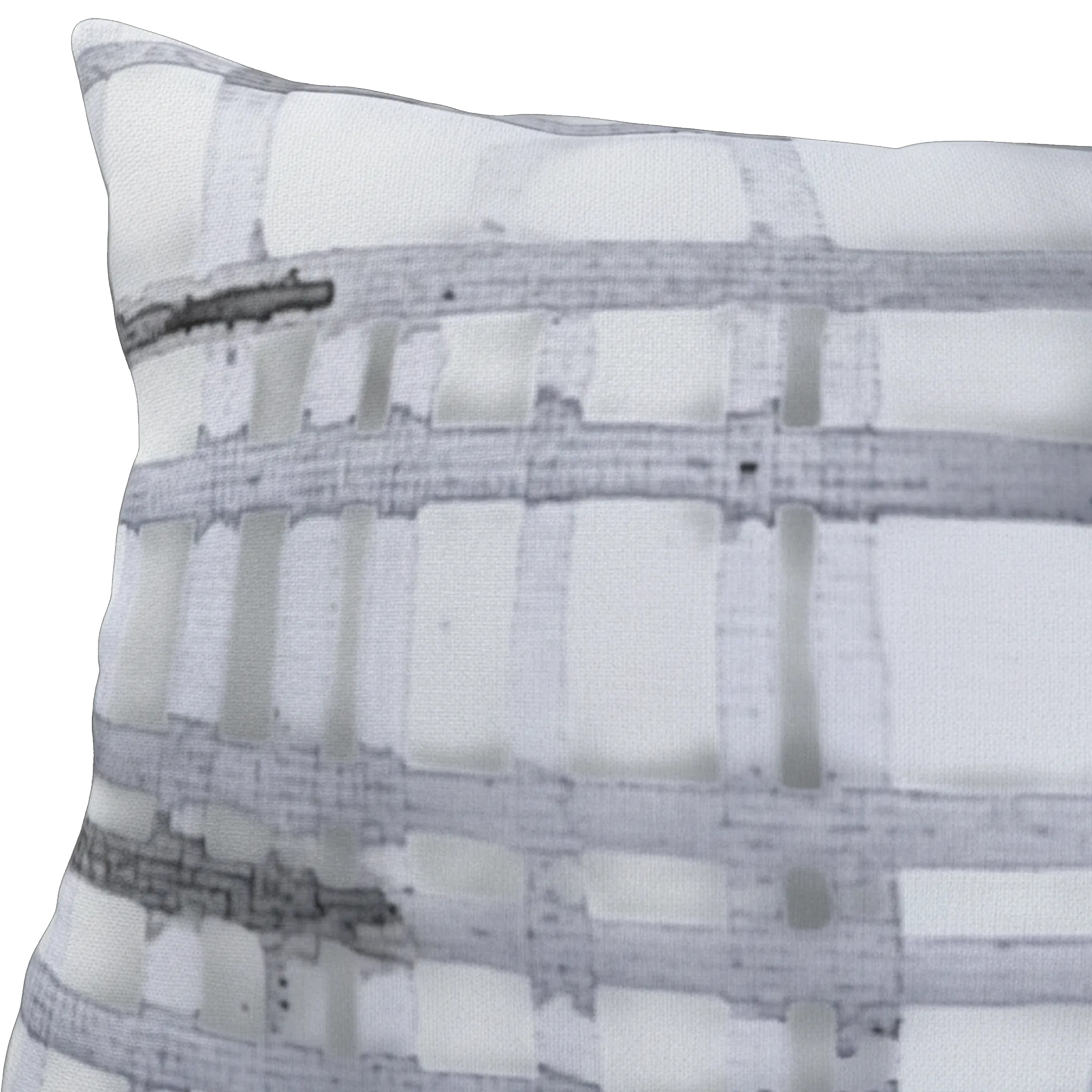 Grey watercolor plaid outdoor pillow, graphic detail, hand-drawn ink grid texture closeup.