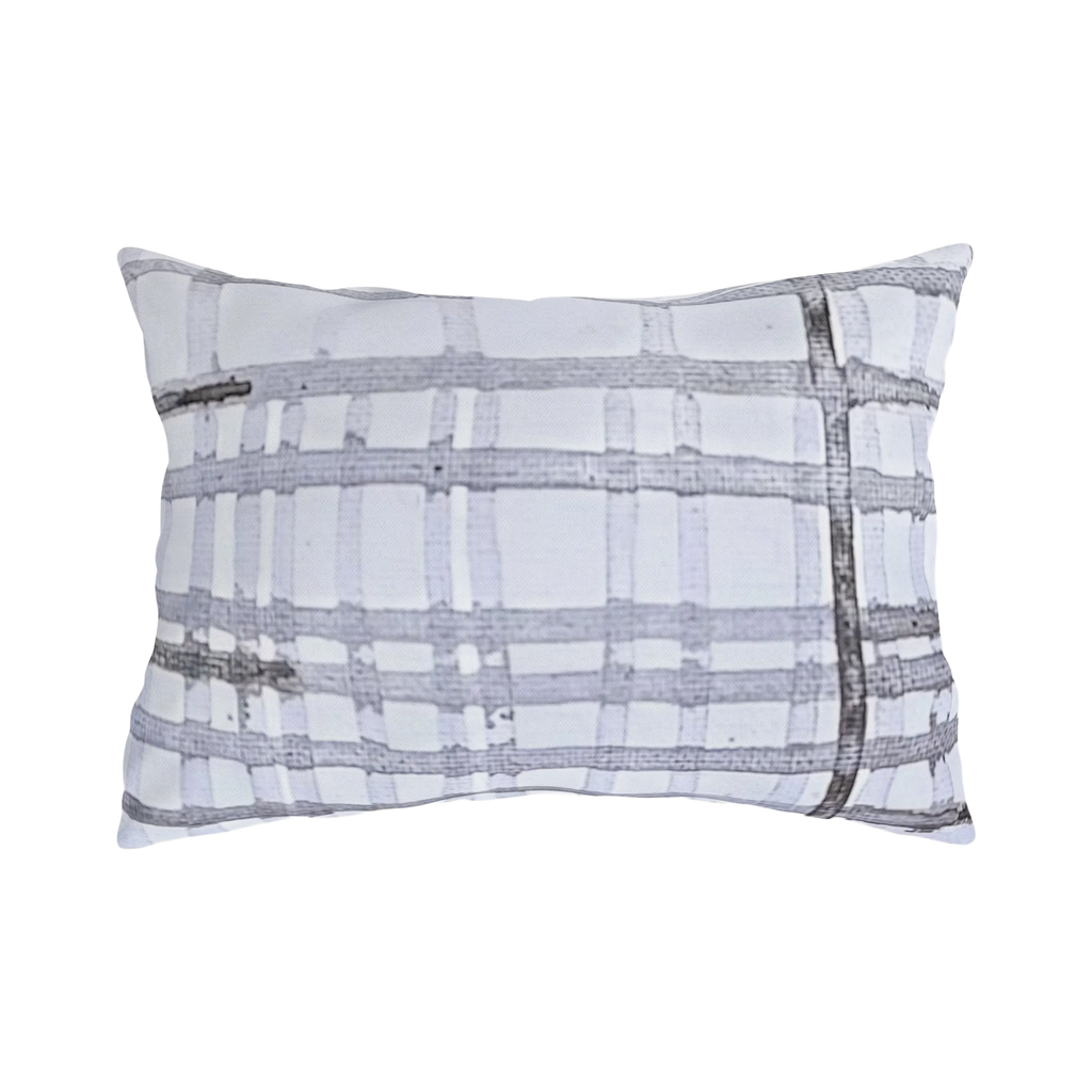 Grey watercolor plaid outdoor lumbar pillow, painted ink grid on pale ground, back view.
