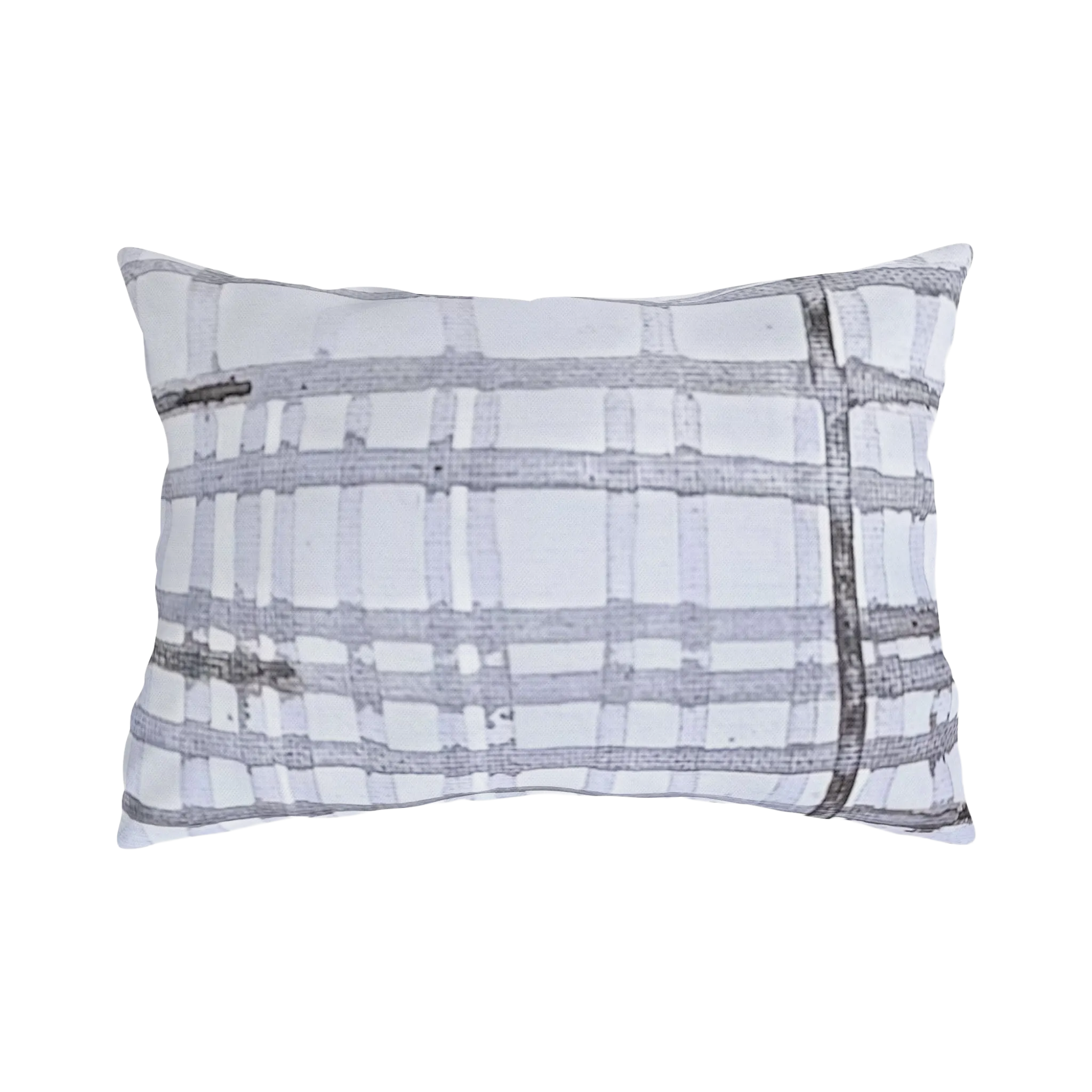 Grey watercolor plaid outdoor lumbar pillow, painted ink grid on pale ground, back view.