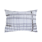 Grey watercolor plaid outdoor lumbar pillow, painted ink grid on pale ground, front view.