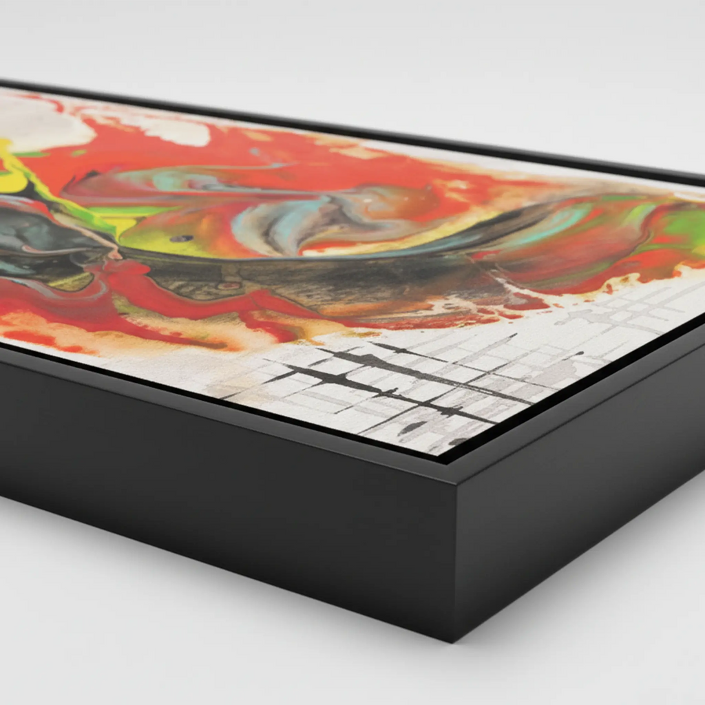Grid Riser Rhino Abstract Framed Canvas Art – Side depth profile showcasing 1.25″ thick gallery-depth black frame – 16″×32″ Vertical, fiery red and fluid abstract canvas– FREEBRD Wall Art Decor.