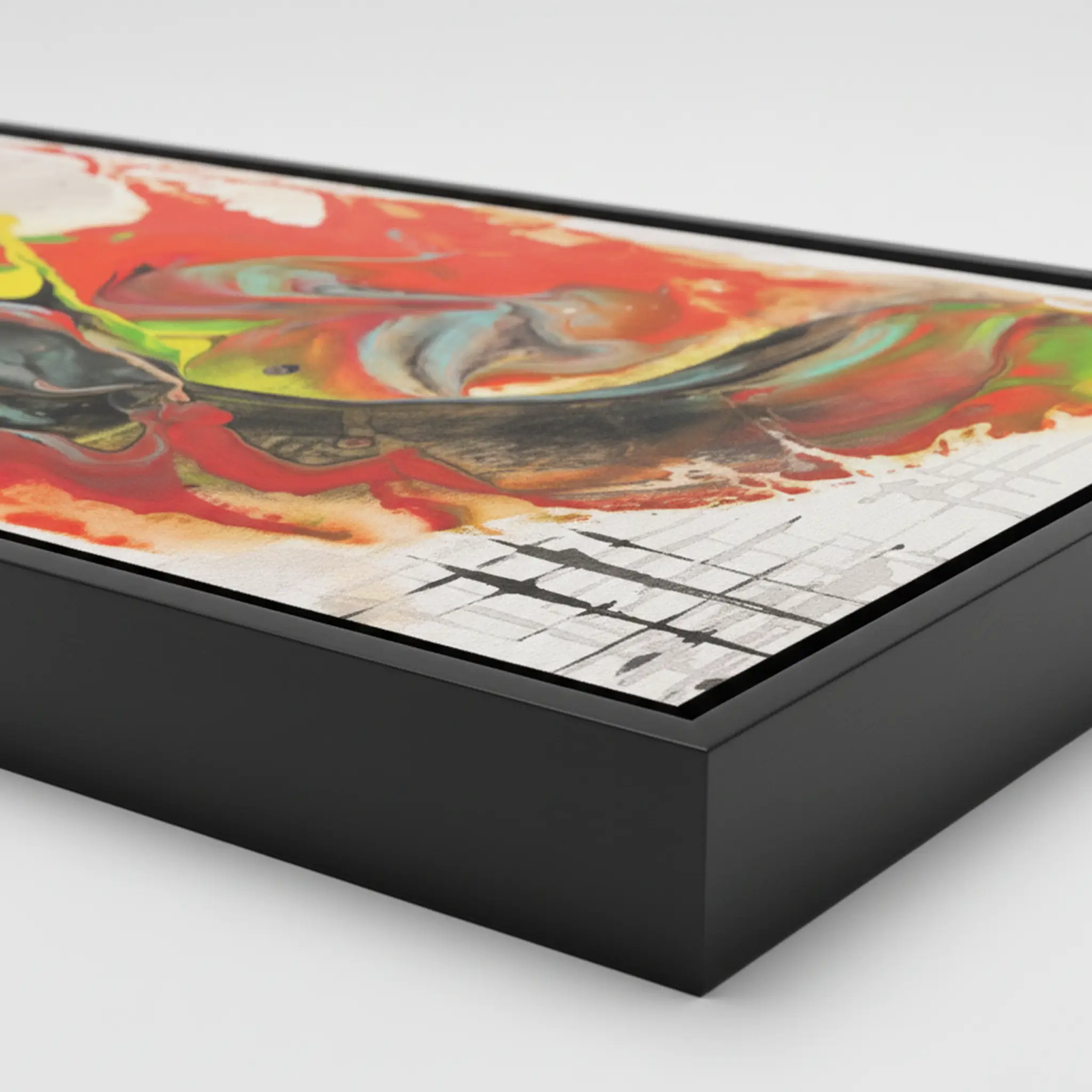 Grid Riser Rhino Abstract Framed Canvas Art – Side depth profile showcasing 1.25″ thick gallery-depth black frame – 16″×32″ Vertical, fiery red and fluid abstract canvas– FREEBRD Wall Art Decor.