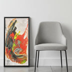 Grid Riser Rhino Abstract Framed Canvas Art – True-to-scale size reference, 16″×32″ Vertical canvas leaning against wall beside accent chair – 1.25″ deep black frame – FREEBRD Wall Art Decor.