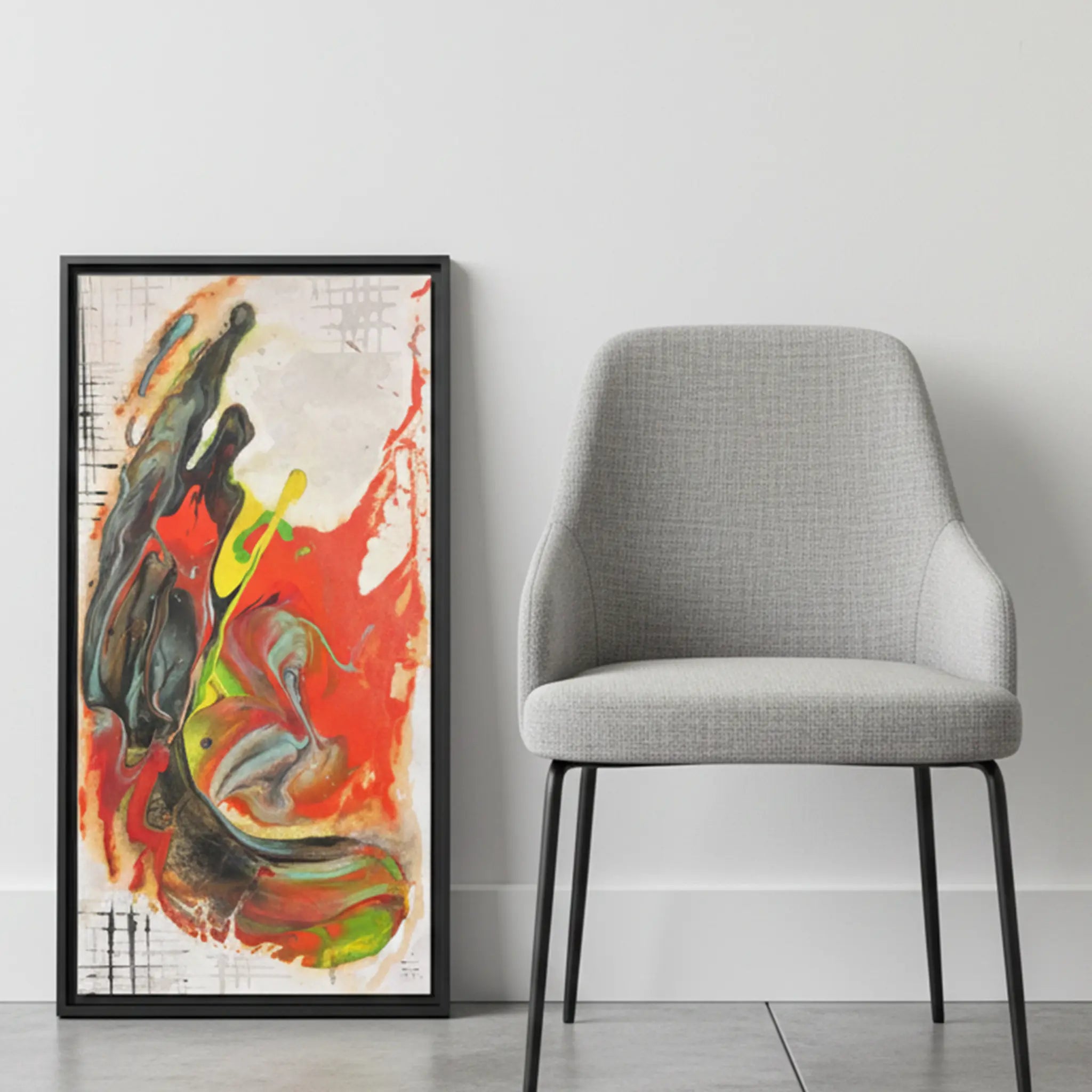 Grid Riser Rhino Abstract Framed Canvas Art – True-to-scale size reference, 16″×32″ Vertical canvas leaning against wall beside accent chair – 1.25″ deep black frame – FREEBRD Wall Art Decor.