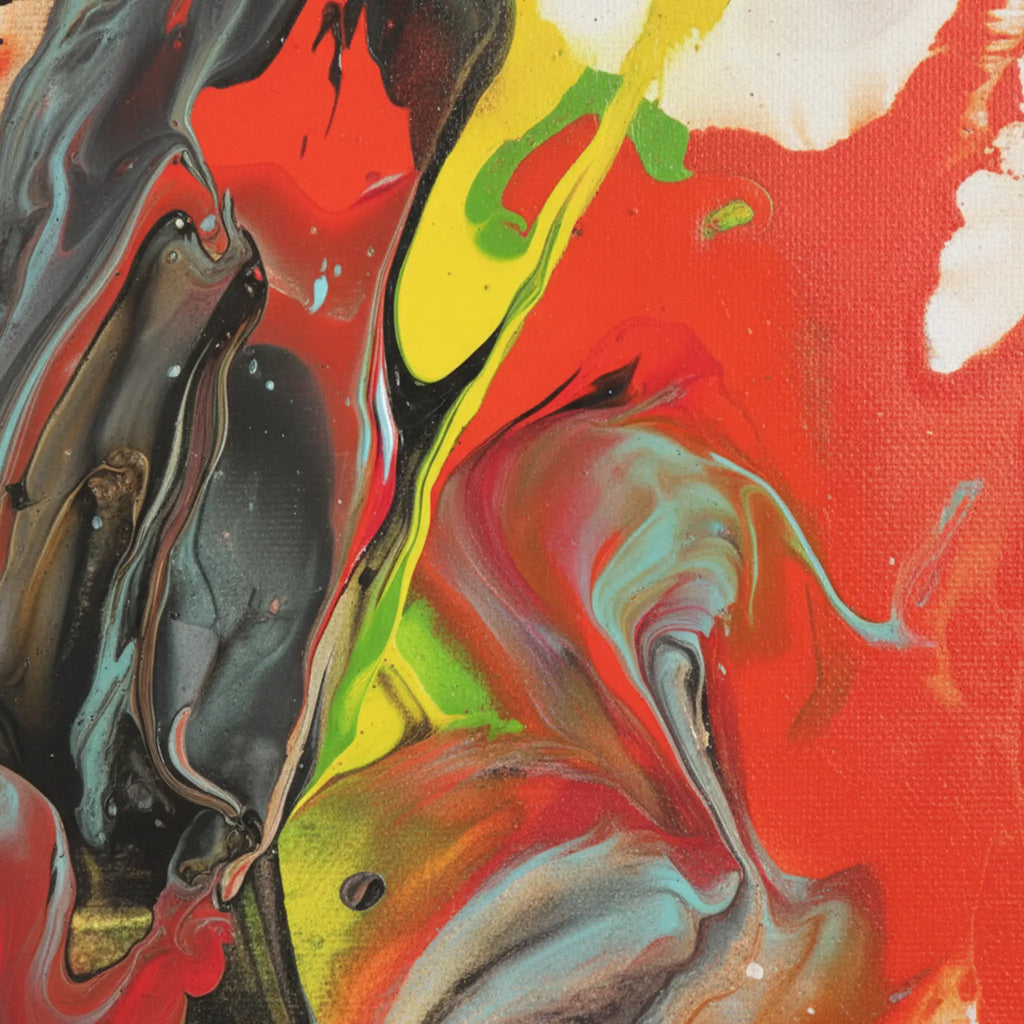 Grid Riser Rhino Abstract Framed Canvas Art – Close-up macro texture shot showing fiery red, fluid black and danish blue, neon yellow-green, teal and green paint detail with grey grid marks – 16″×32″ Vertical, 1.25″ deep, fully framed – FREEBRD Wall Art Decor.