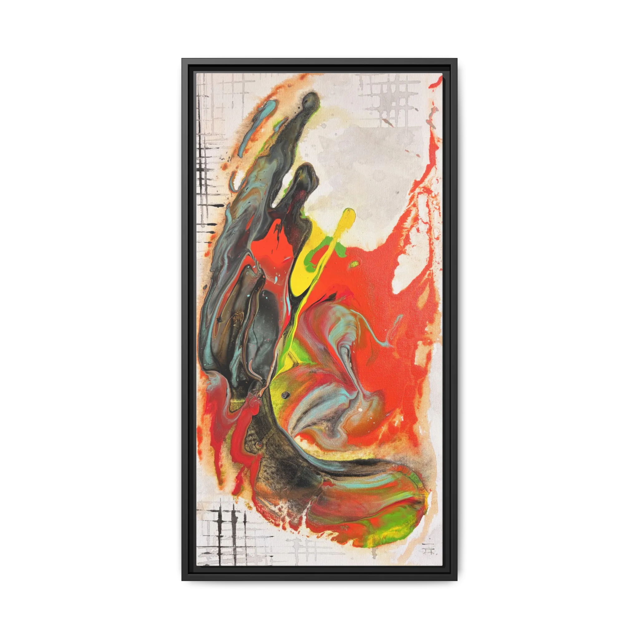 Front view of the “Grid Riser Rhino” Abstract Framed Art by FREEBRD on a 1.25” canvas with a 16" x 32” Vertical frame, showcasing vibrant orange, red, green and black acrylic textures with hints of vivid yellow, coral and gold, framed in a black wood FSC certified frame.