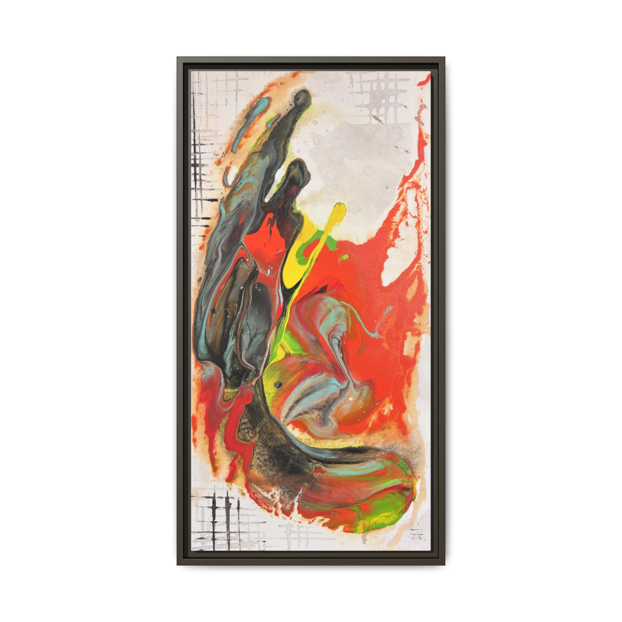 Front view of the “Grid Riser Rhino” Abstract Framed Art by FREEBRD on a 1.25” canvas with a 16" x 32” Vertical frame, showcasing vibrant orange, red, green and black acrylic textures with hints of vivid yellow, coral and gold, framed in an espresso wood FSC certified frame.