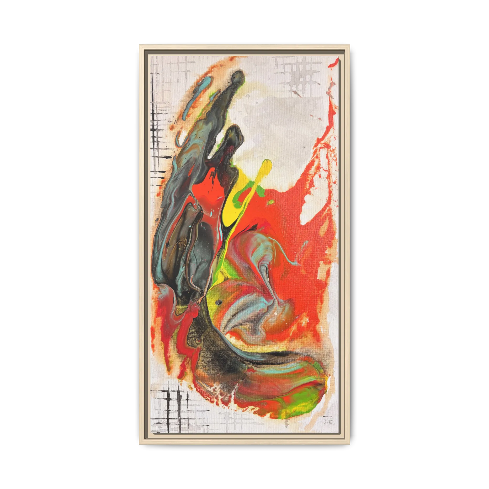 Front view of the “Grid Riser Rhino” Abstract Framed Art by FREEBRD on a 1.25” canvas with a 16" x 32” Vertical frame, showcasing vibrant orange, red, green and black acrylic textures with hints of vivid yellow, coral and gold, framed in a natural wood FSC certified frame.