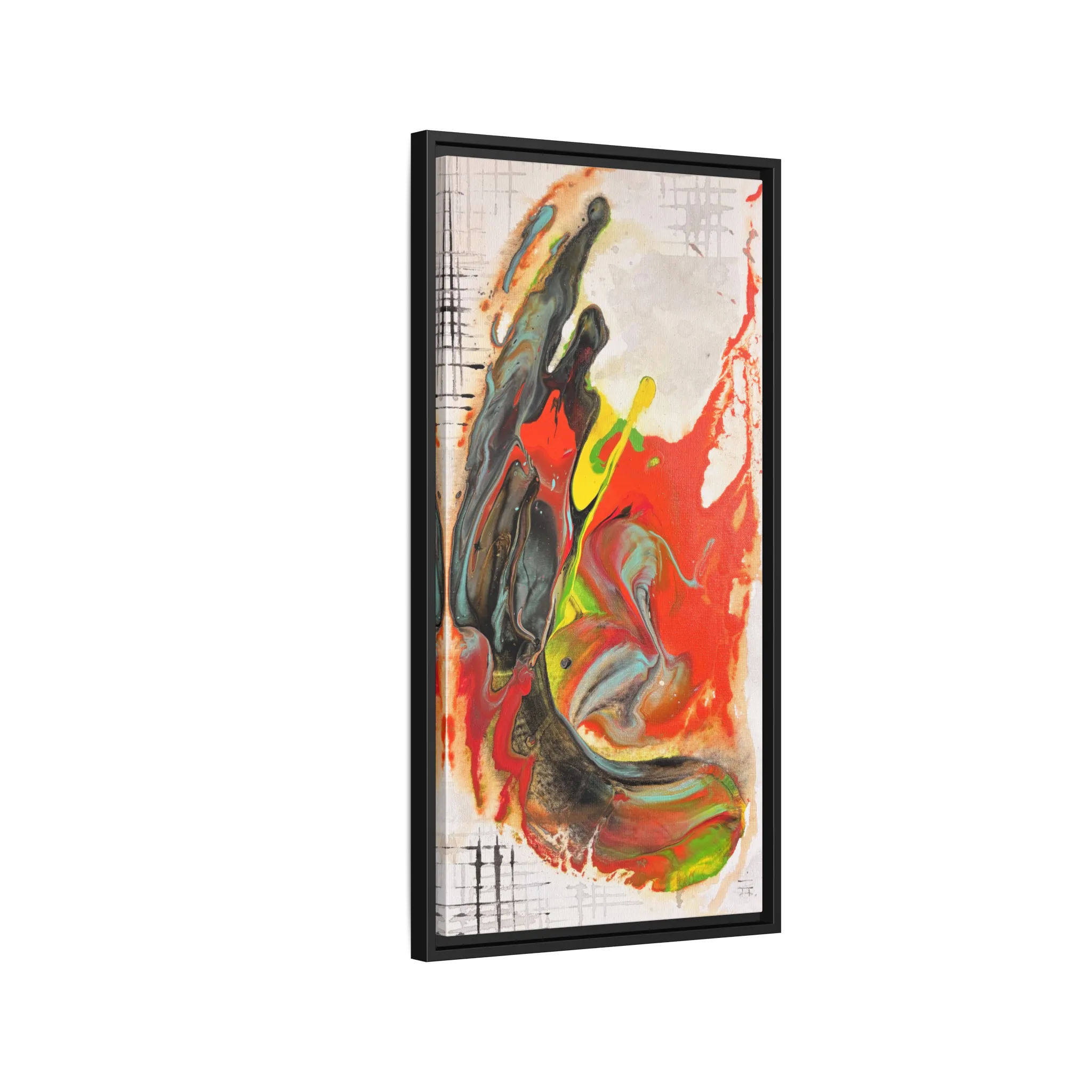 Side view of the “Grid Riser Rhino” Abstract Framed Art by FREEBRD on a 1.25” canvas with a 16" x 32” Vertical frame, showcasing vibrant orange, red, green and black acrylic textures with hints of vivid yellow, coral and gold, framed in a black wood FSC certified frame.