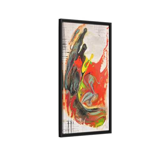 Side view of the “Grid Riser Rhino” Abstract Framed Art by FREEBRD on a 1.25” canvas with a 16" x 32” Vertical frame, showcasing vibrant orange, red, green and black acrylic textures with hints of vivid yellow, coral and gold, framed in a black wood FSC certified frame.