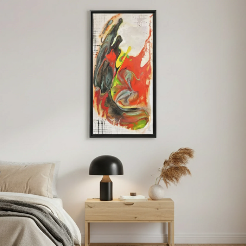 Grid Riser Rhino 16x32 abstract framed canvas in espresso frame, showcasing vibrant orange, red, green and black acrylic textures with hints of vivid yellow, coral and gold, hanging above a nightstand in a modern bedroom.