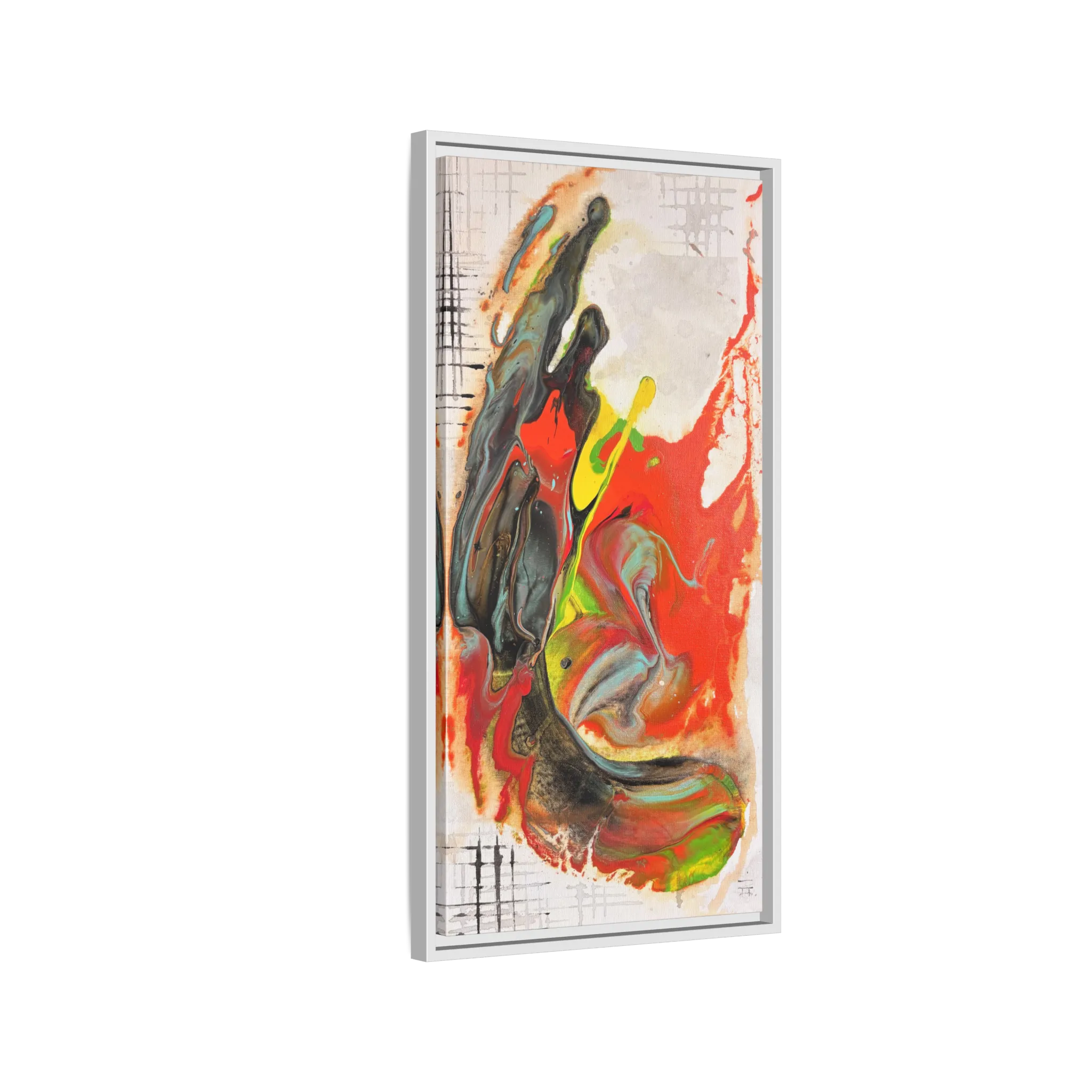 Side view of the “Grid Riser Rhino” Abstract Framed Art by FREEBRD on a 1.25” canvas with a 16" x 32” Vertical frame, showcasing vibrant orange, red, green and black acrylic textures with hints of vivid yellow, coral and gold, framed in a white wood FSC certified frame.