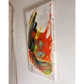 Grid Riser Rhino abstract painting viewed from the right, showing the canvas depth, colorful poured paint, grid details, and artist handwritten Jasmine Jackson Artwork lettering on the edge.