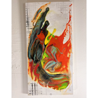 Grid Riser Rhino abstract painting with flowing black, orange, yellow, green, and teal paint and grid lines along white margins, front view.