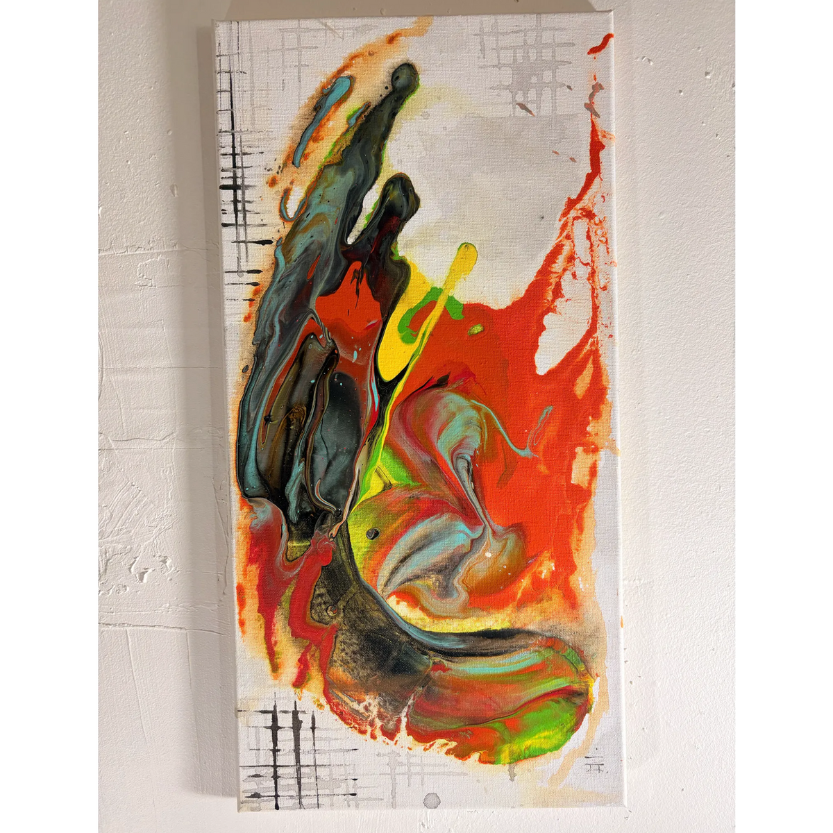 Grid Riser Rhino abstract painting with flowing black, orange, yellow, green, and teal paint and grid lines along white margins, front view.