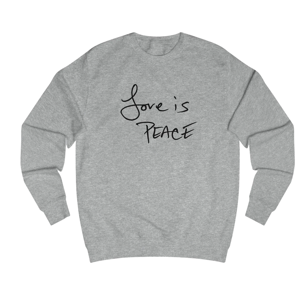 Heather Grey Love is Peace crewneck sweatshirt, handwritten Love is Peace graphic, crew neck, front view.