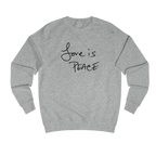 Heather Grey Love is Peace crewneck sweatshirt, handwritten Love is Peace graphic, crew neck, front view.