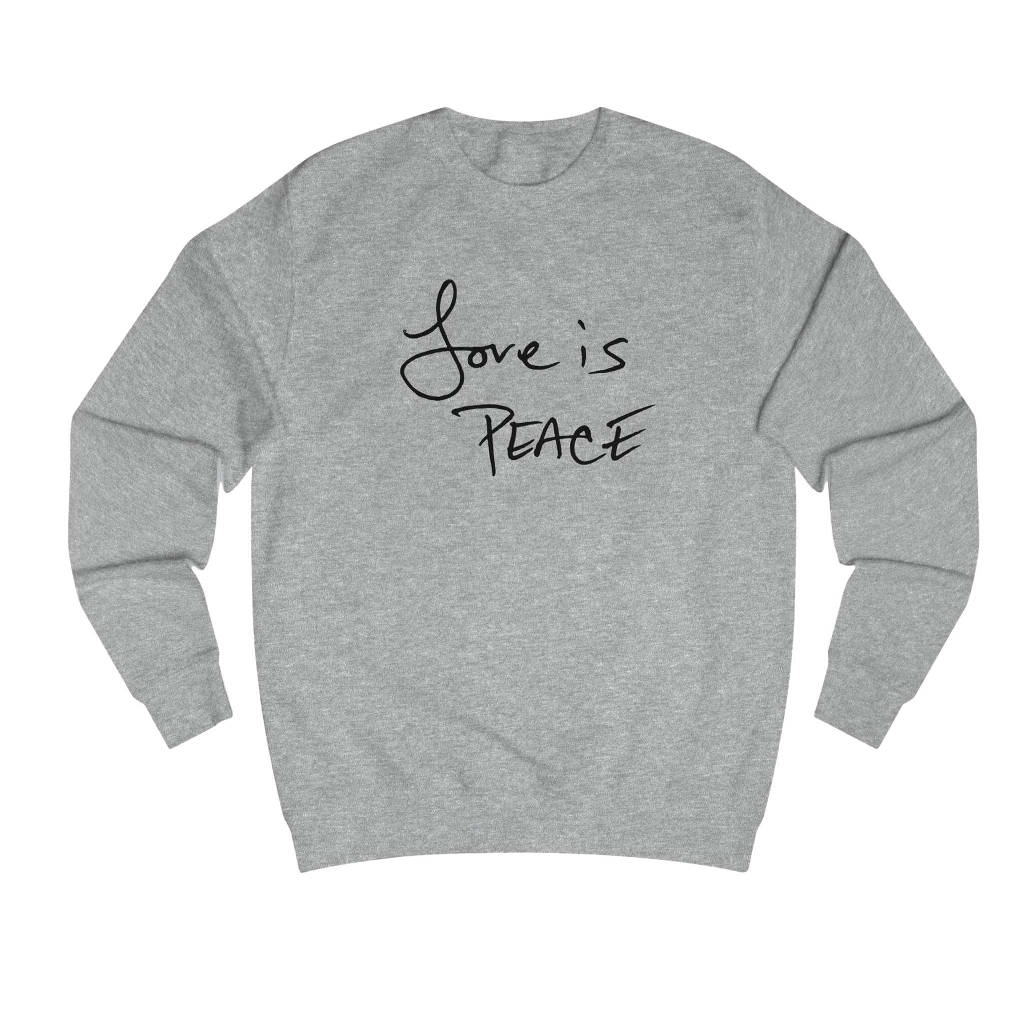 Heather Grey Love is Peace crewneck sweatshirt, black print, front view.