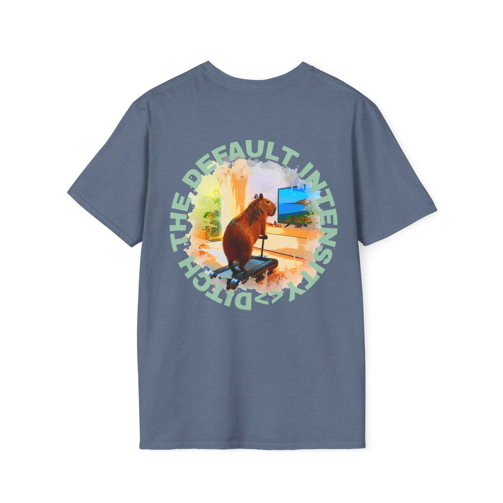 A heather indigo t-shirt featuring a capybara on a treadmill graphic with sea green Ditch The Default Intensity circular text on the back.