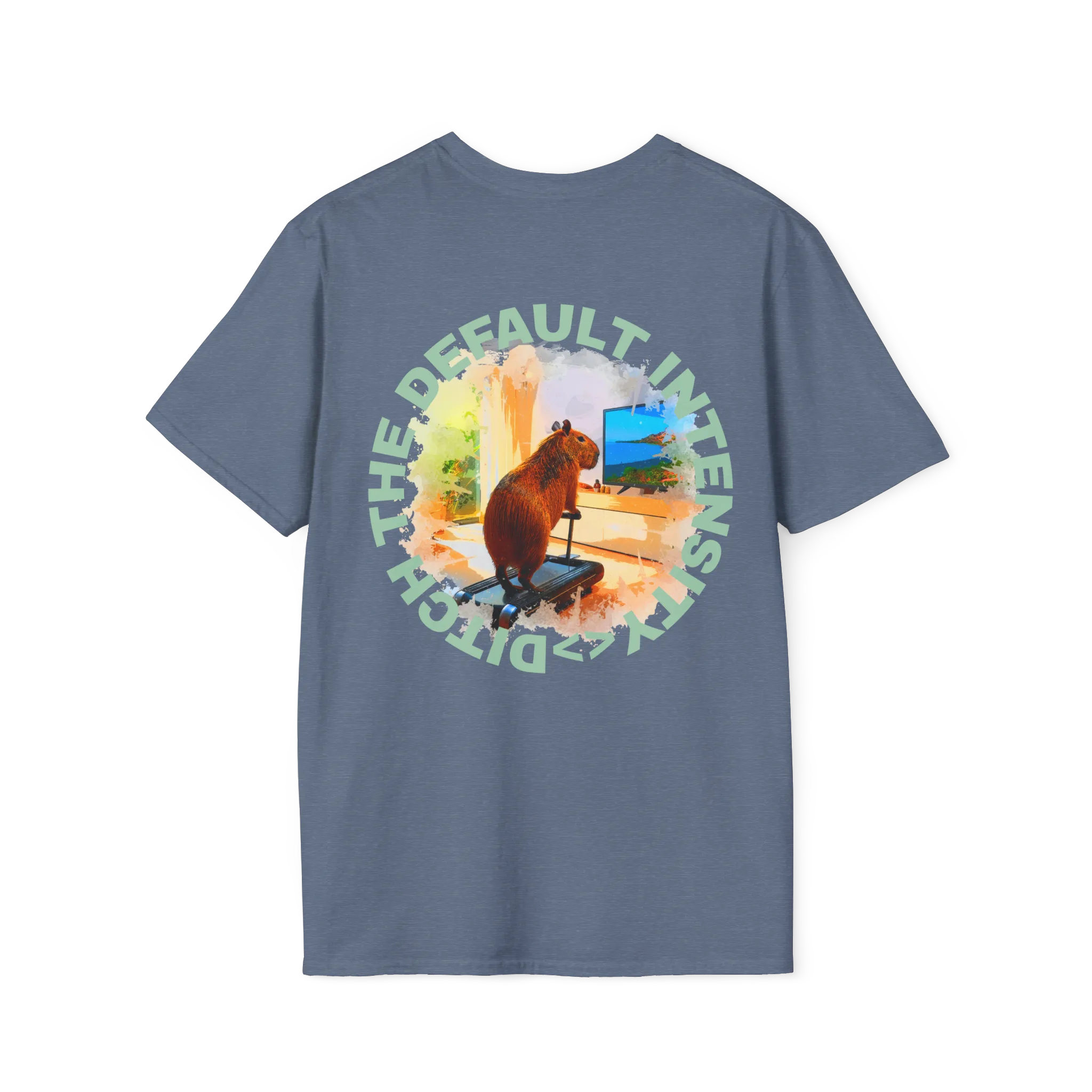 A heather indigo t-shirt featuring a capybara on a treadmill graphic with sea green Ditch The Default Intensity circular text on the back.
