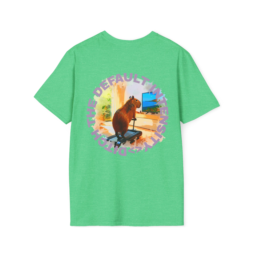 A heather irish green t-shirt featuring a capybara on a treadmill graphic with purple Ditch The Default Intensity circular text on the back.