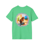 A heather irish green t-shirt featuring a capybara on a treadmill graphic with purple Ditch The Default Intensity circular text on the back.