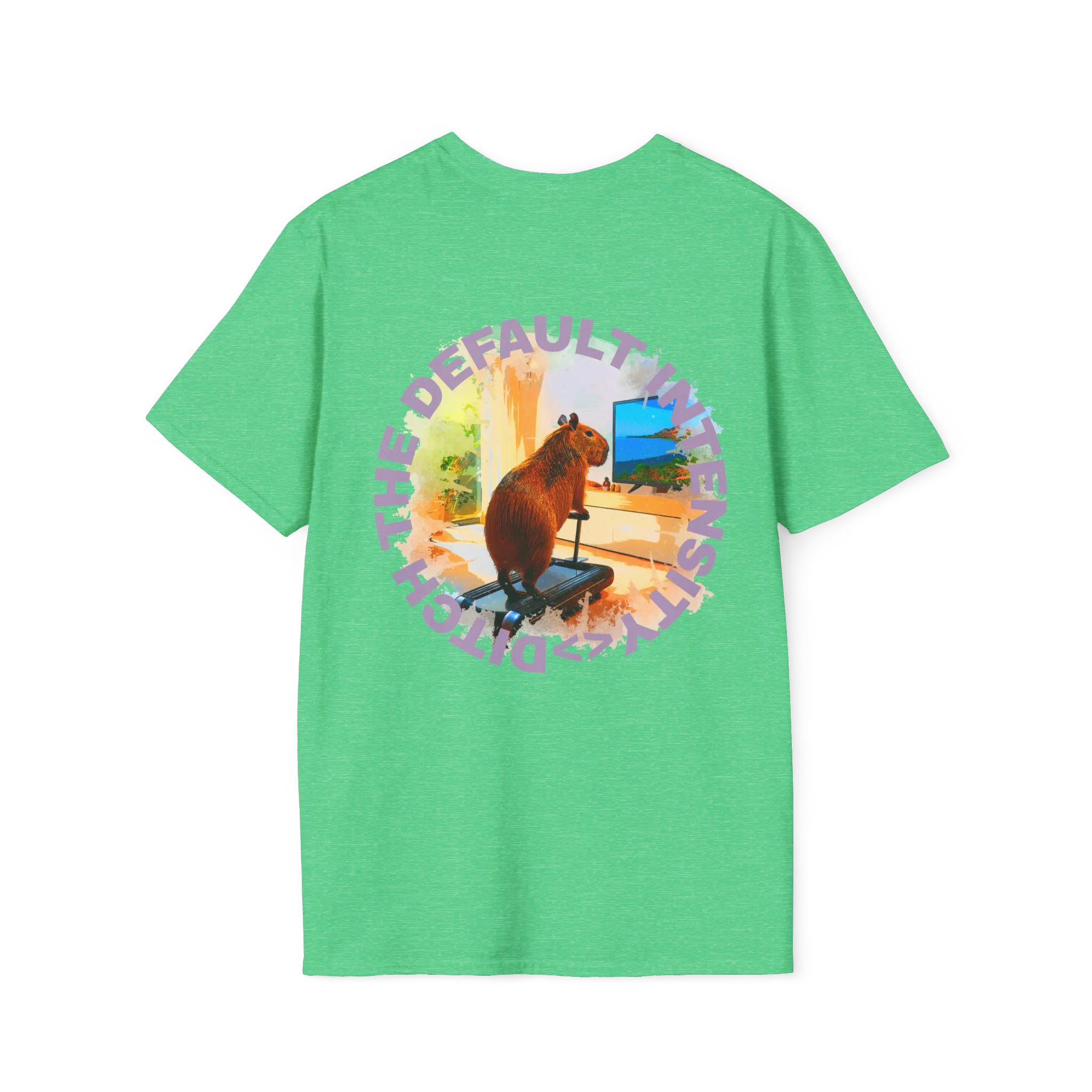 A heather irish green t-shirt featuring a capybara on a treadmill graphic with purple Ditch The Default Intensity circular text on the back.