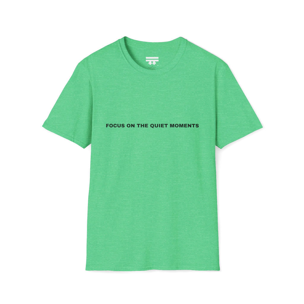 A heather irish green t-shirt with purple Focus On The Quiet Moments text on the chest.