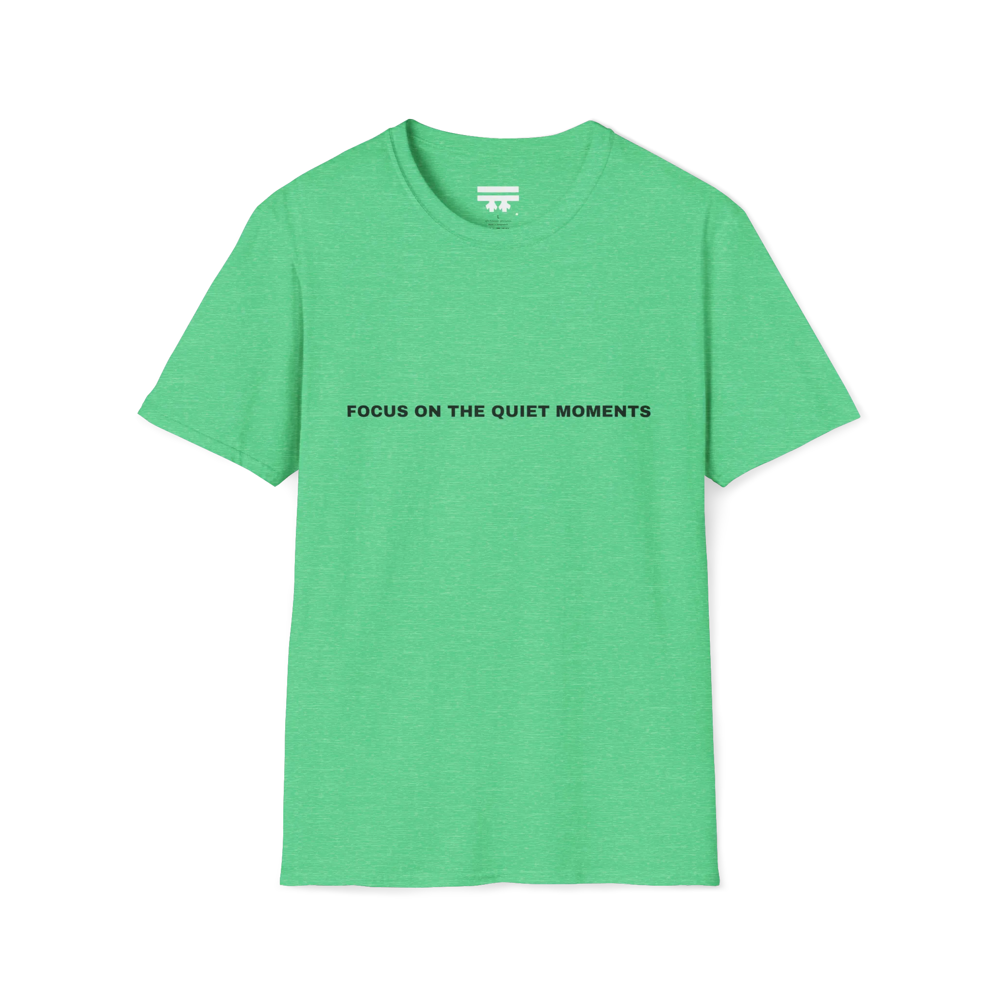 A heather irish green t-shirt with purple Focus On The Quiet Moments text on the chest.