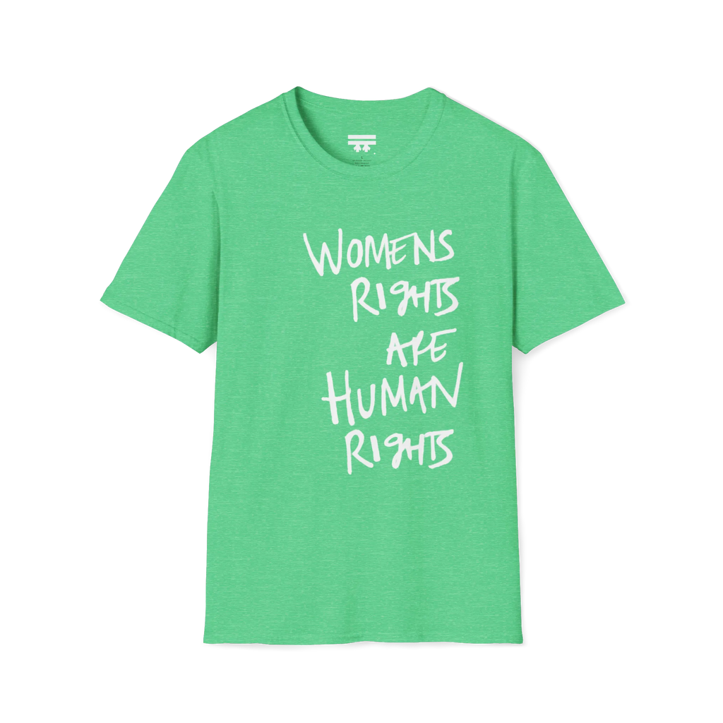 A front view of the heather Irish green women's rights are human rights t-shirt.