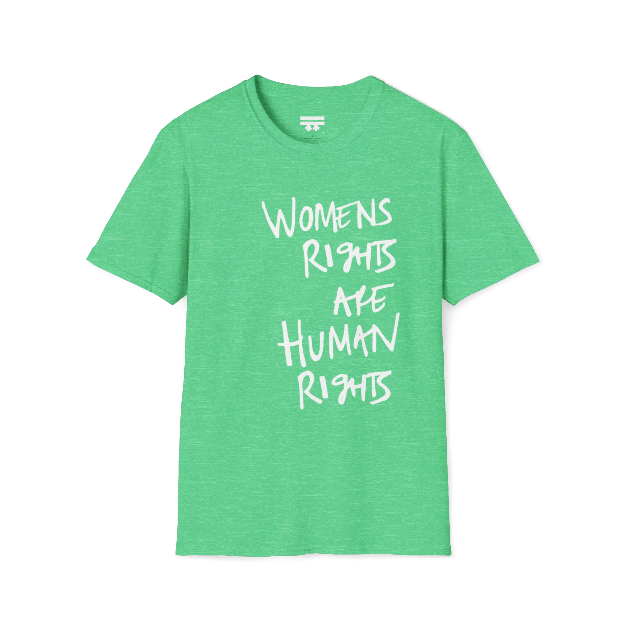 A front view of the heather Irish green women's rights are human rights t-shirt.