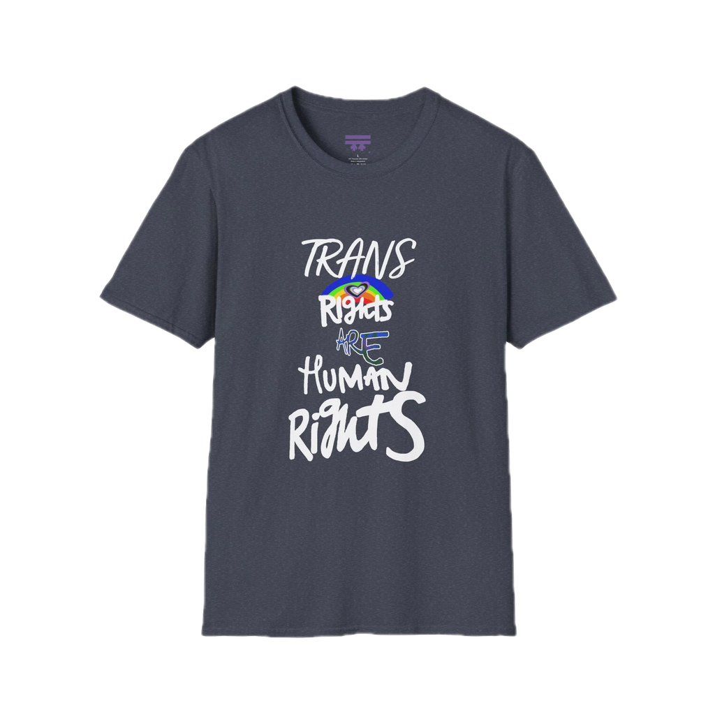 A heather navy Trans Rights Are Human Rights T-Shirt — hand-lettered rainbow graphic, front preview — LGBTQ pride tee.