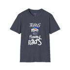 A heather navy Trans Rights Are Human Rights T-Shirt — hand-lettered rainbow graphic, front preview — LGBTQ pride tee.