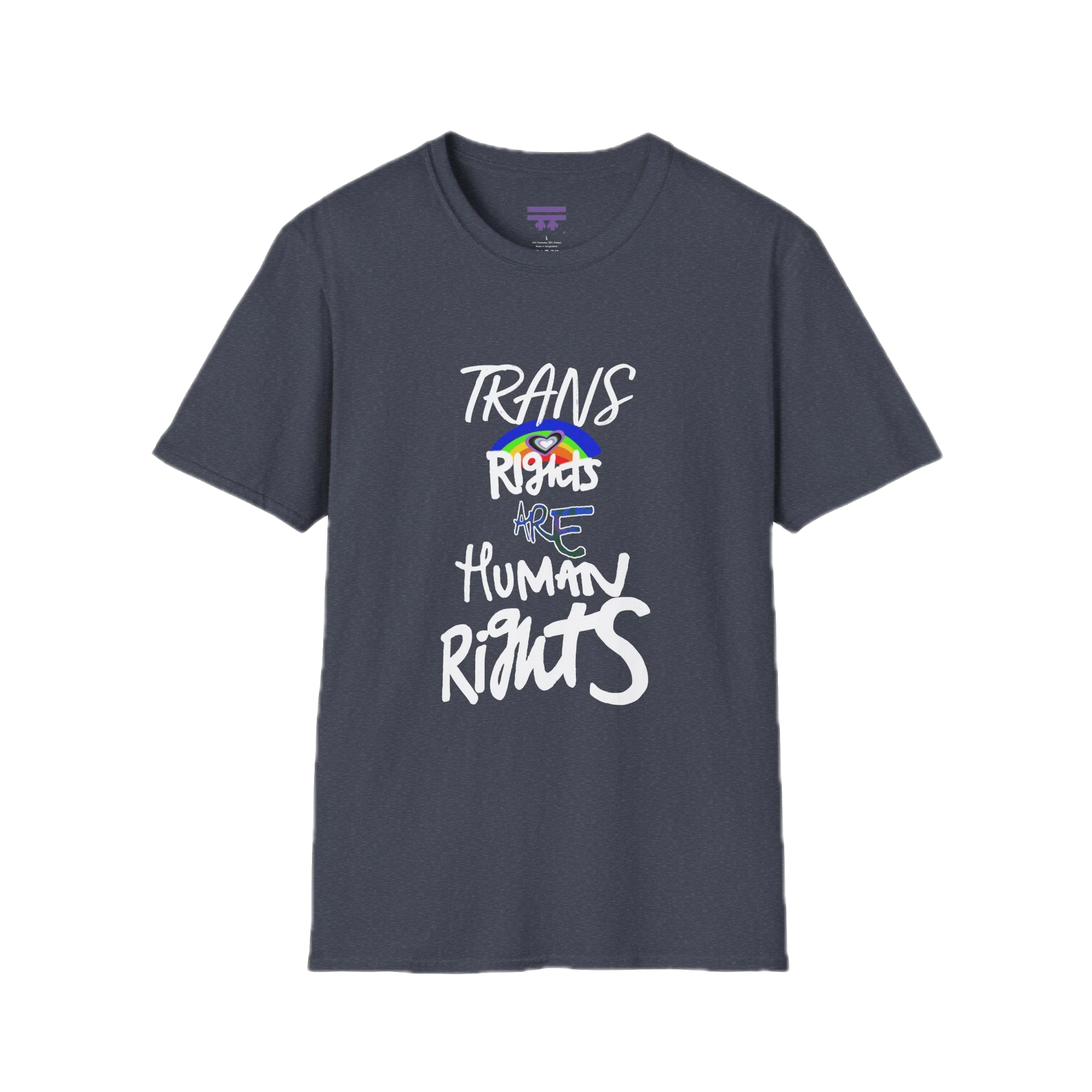 A heather navy Trans Rights Are Human Rights T-Shirt — hand-lettered rainbow graphic, front preview — LGBTQ pride tee.
