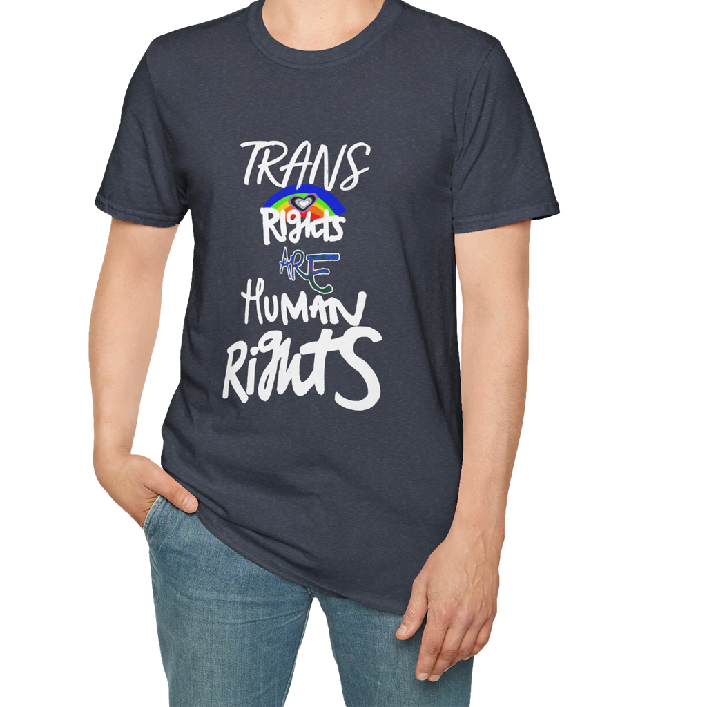 A person wearing the heather navy Trans Rights Are Human Rights T-Shirt — hand-lettered rainbow graphic, front preview — LGBTQ pride tee.
