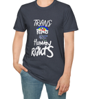 A person wearing the heather navy Trans Rights Are Human Rights T-Shirt — hand-lettered rainbow graphic, front preview — LGBTQ pride tee.