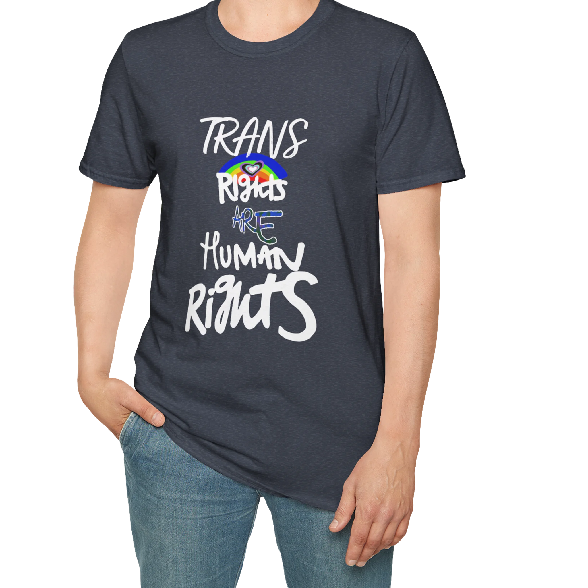 A person wearing the heather navy Trans Rights Are Human Rights T-Shirt — hand-lettered rainbow graphic, front preview — LGBTQ pride tee.