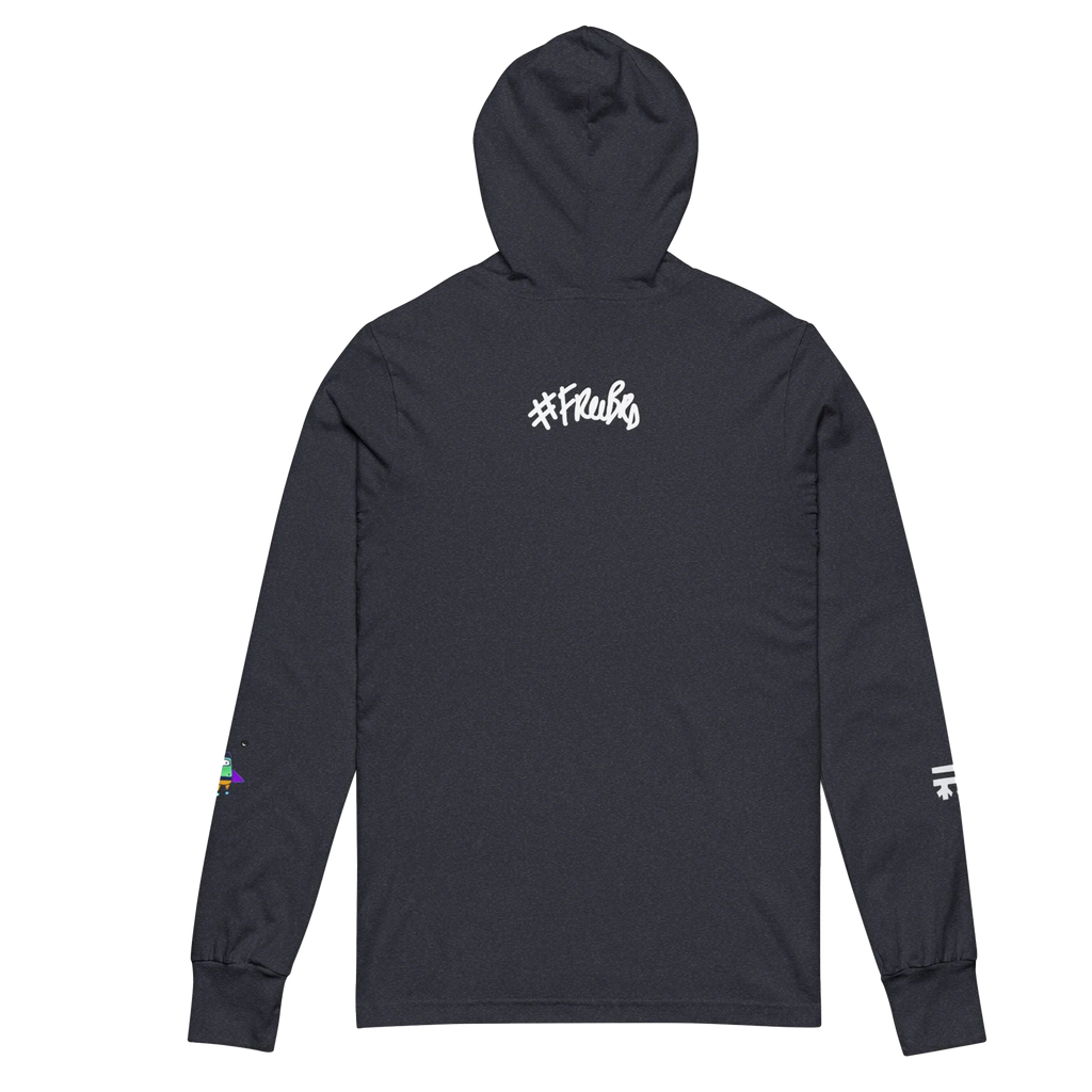 Heather Navy hooded long sleeve tee, white FREEBRD script back graphic, space flight alien astronaut sleeve detail, back view.
