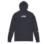 Heather Navy hooded long sleeve tee, white FREEBRD script back graphic, space flight alien astronaut sleeve detail, back view.