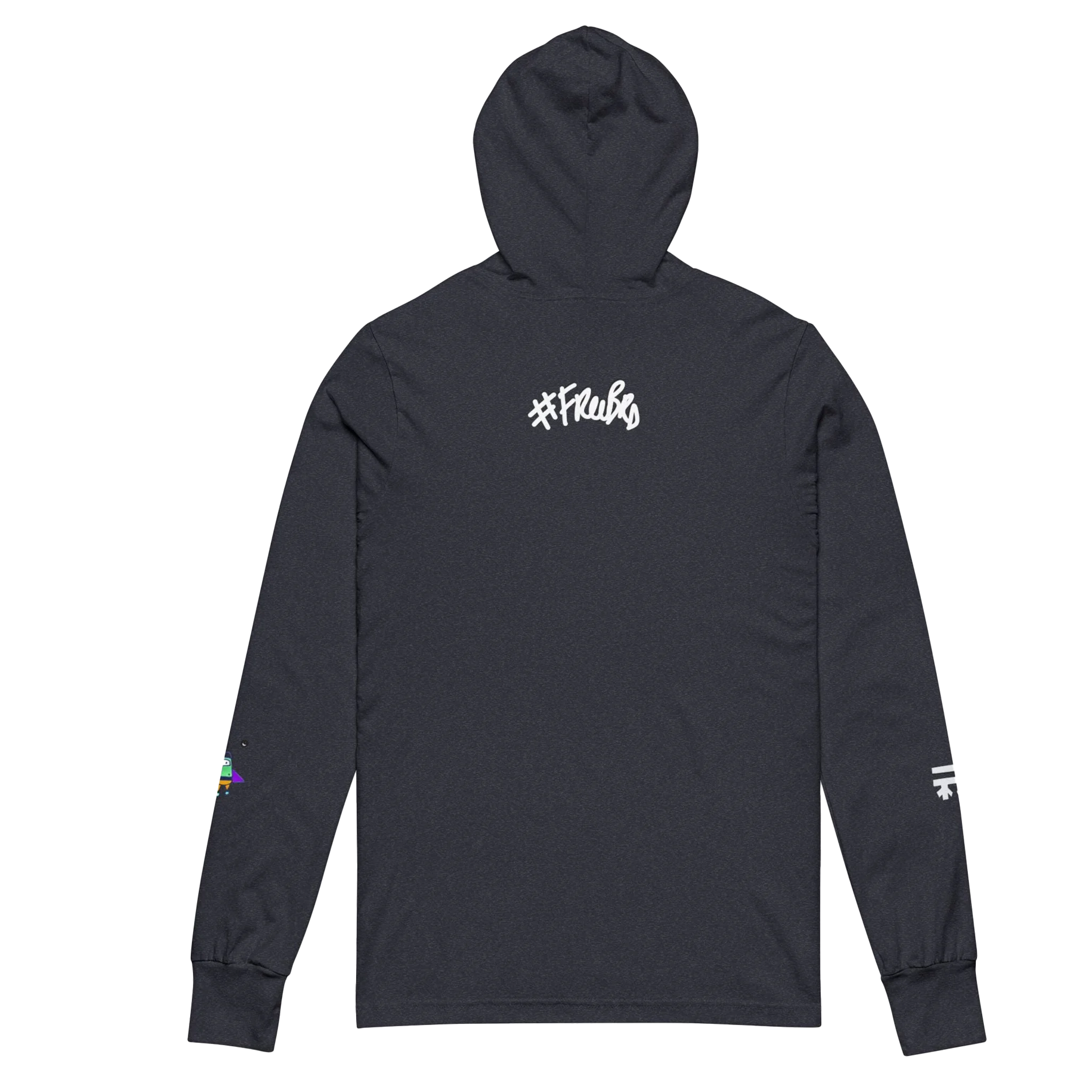 Heather Navy hooded long sleeve tee, white FREEBRD script back graphic, space flight alien astronaut sleeve detail, back view.