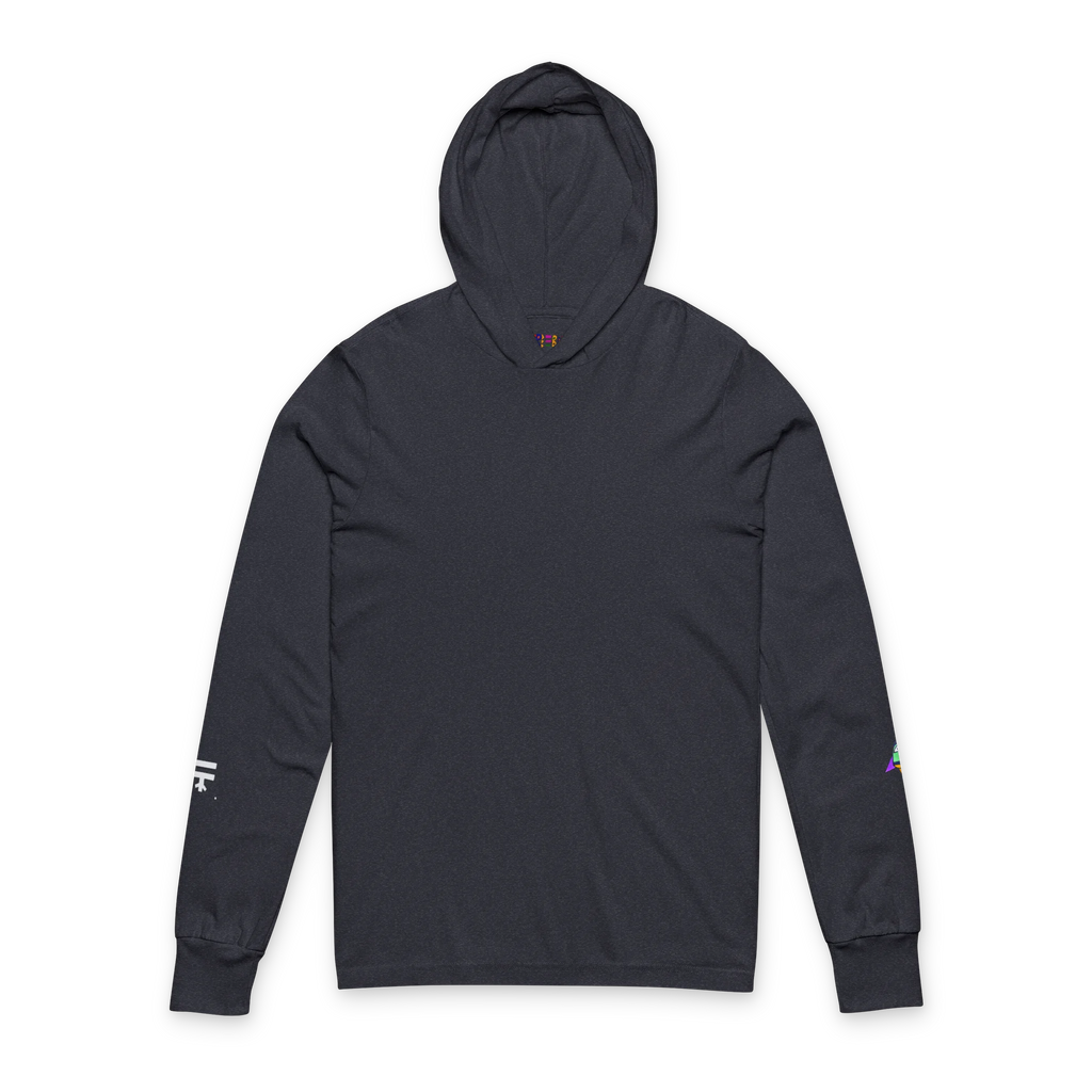Heather Navy hooded long sleeve tee, crossover V-neckline, space flight graphic on left sleeve, FREEBRD icon on right sleeve, front view.